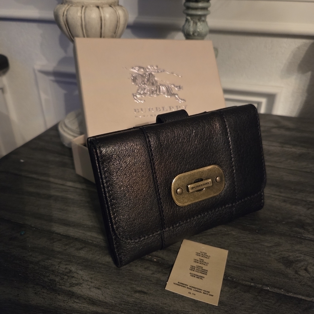 Burberry black buffalo leather Wallet with bronze sheen. New With Box And Tag